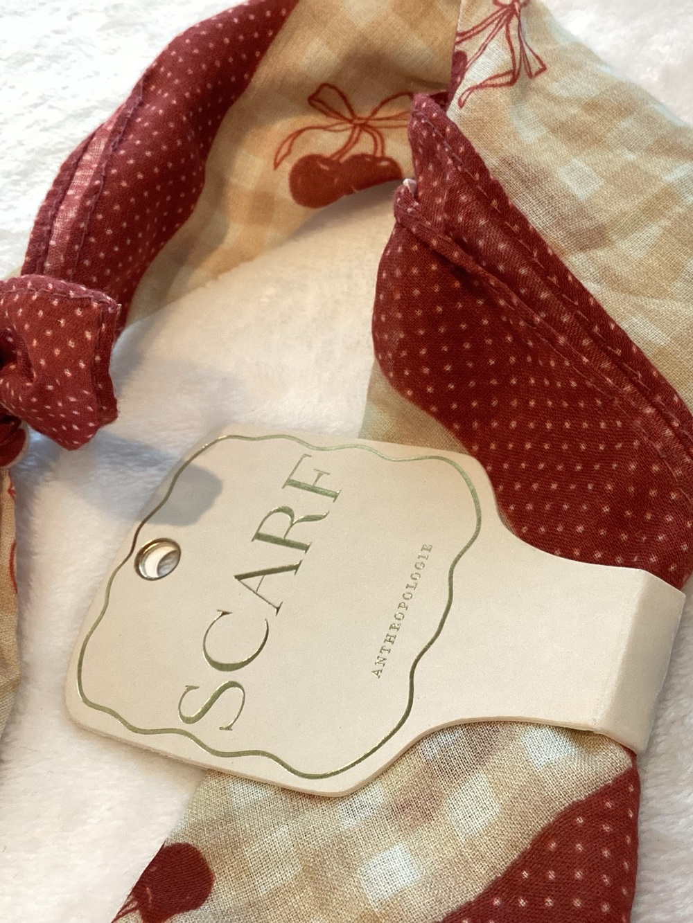 🍒Anthropologie Printed Bandana Cotton Scarf Hair Head Bag New Gingham Cherries - Picture 4 of 8